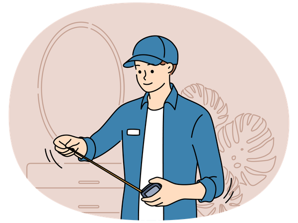 Mécanicien masculin avec ruban à mesurer travaillant dans une pièce de la maison  Illustration