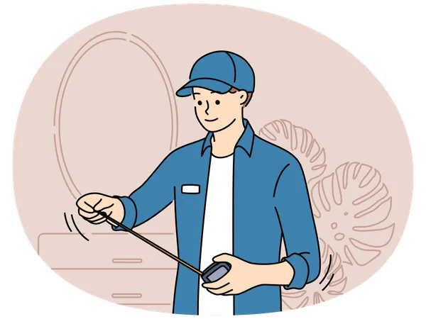 Mécanicien masculin avec ruban à mesurer travaillant dans une pièce de la maison  Illustration