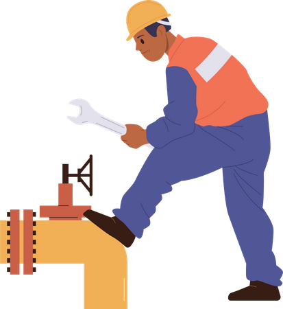 Ouvrier mécanicien réparant le pipeline avec une clé  Illustration