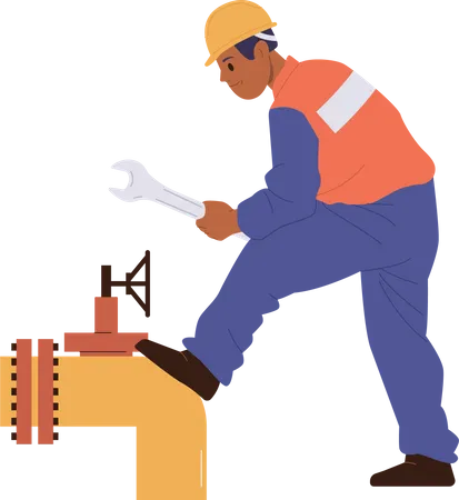 Ouvrier mécanicien réparant le pipeline avec une clé  Illustration