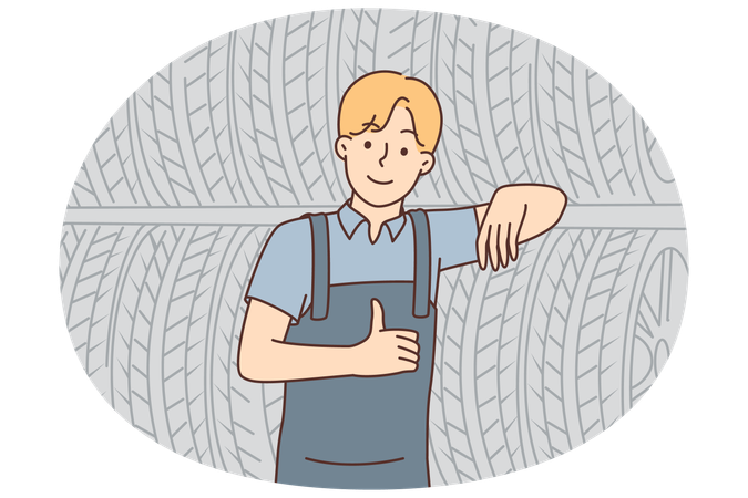 Un mecánico cerca de un bastidor con ruedas de coche da una recomendación con el pulgar hacia arriba para comprar neumáticos para carreteras de invierno.  Ilustración