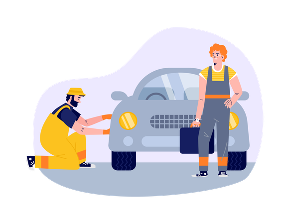 Mecânico de automóveis consertando pneu de carro  Ilustração