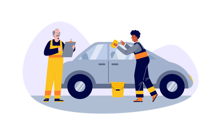 Mecânico de automóveis fazendo diagnóstico de carros  Ilustração