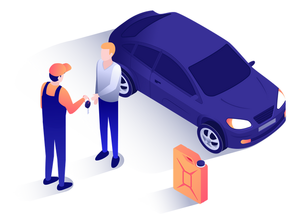Mecánico entregando la llave del auto al cliente  Ilustración