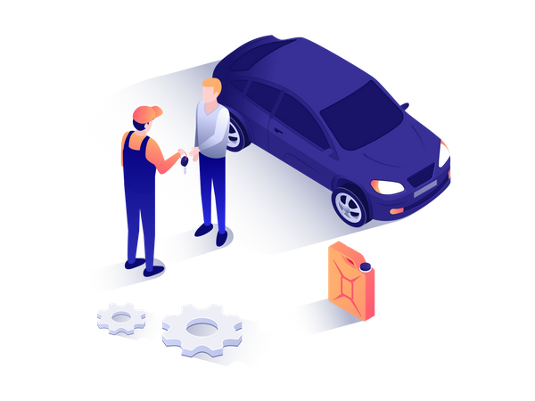 Mecánico entregando la llave del auto al cliente  Ilustración