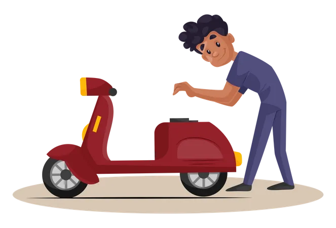 Mecánico indio revisando el tanque de gasolina del scooter  Ilustración