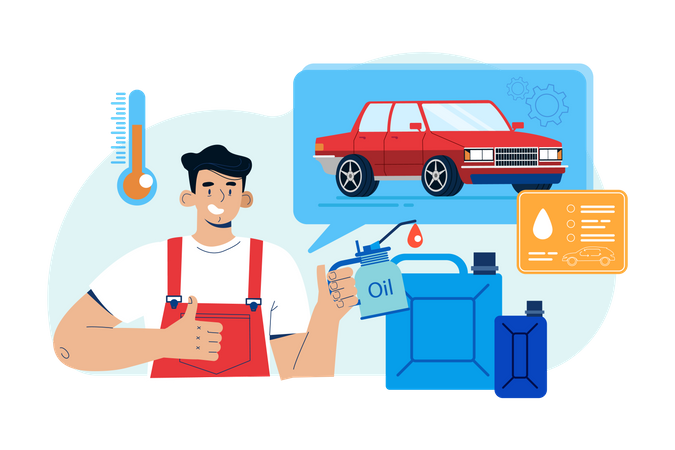 Mechanic changing oil of car engine  Illustration