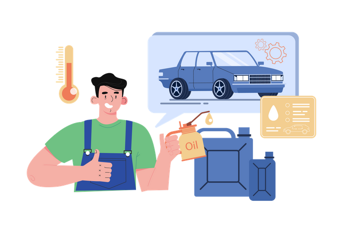 Mechanic changing oil of car engine  Illustration