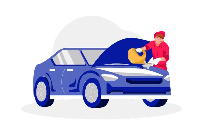 Mechanic changing oil of car engine  Illustration