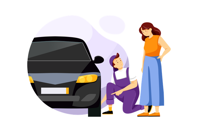 Mechanic checking tyre air pressure and female owner standing Illustration
