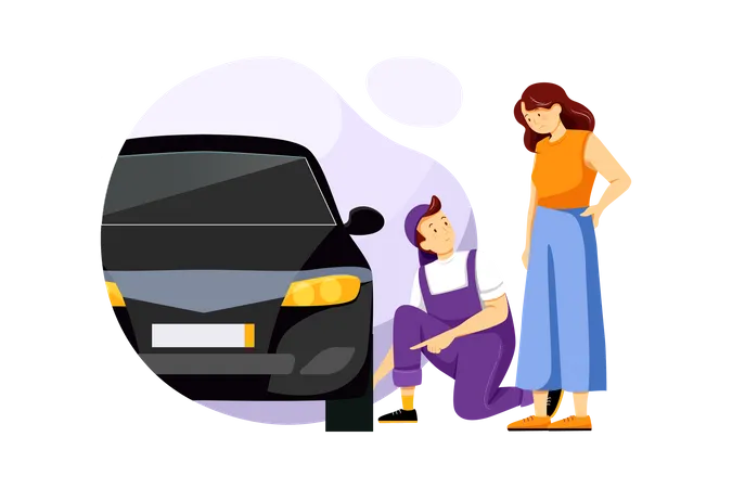 Mechanic checking tyre air pressure and female owner standing Illustration