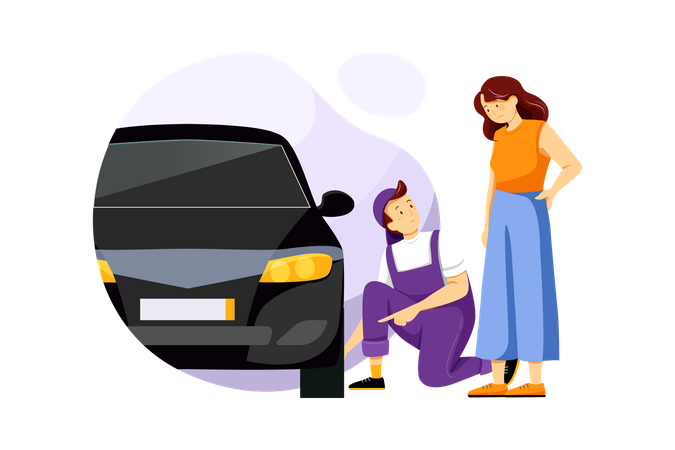 Mechanic checking tyre air pressure and female owner standing  Illustration