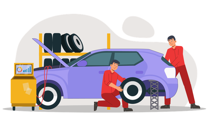 パンクした車のホイールを修理するメカニック  イラスト