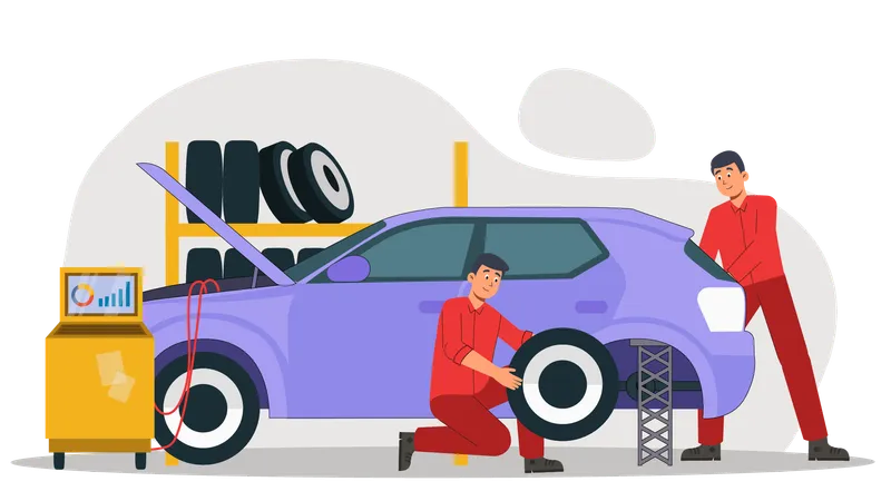 パンクした車のホイールを修理するメカニック  イラスト