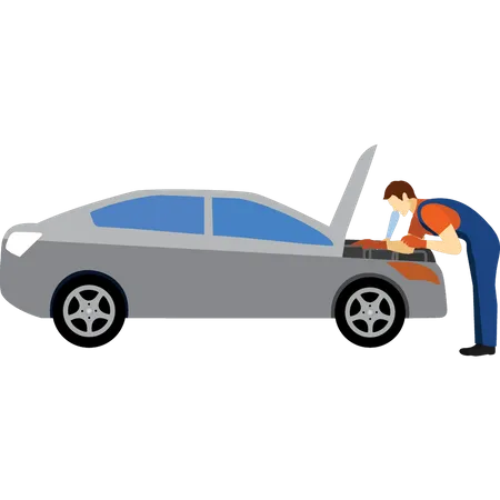 Mechanic fixing bonnet of car  Illustration