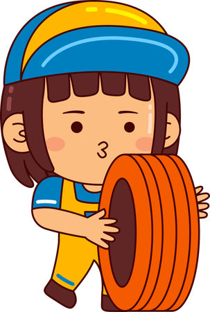 Mechanic girl holding tyre  イラスト