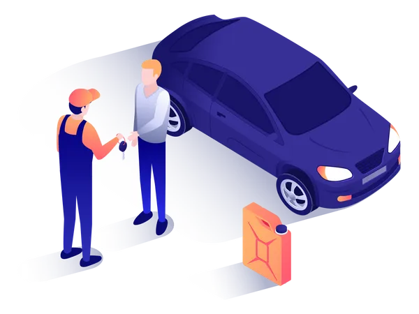 Mechanic giving car key to customer Illustration