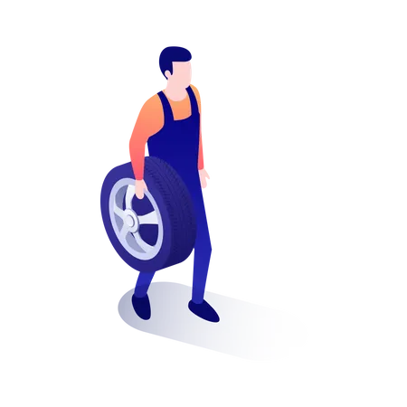 Mechanic holding car tire in his hand  Illustration