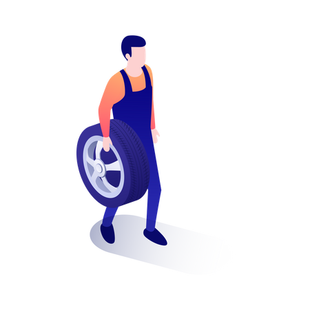 Mechanic holding car tire in his hand  Illustration