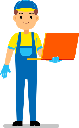 Mechanic holding laptop Illustration