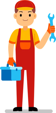 Mechanic holding toolbox and screwdriver Illustration