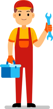 Mechanic holding toolbox and screwdriver  Illustration