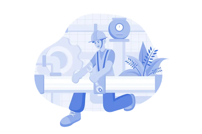 Mechanic Character Holding Wrench And Plastic Pipe Illustration