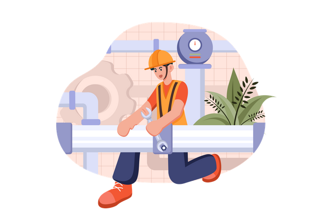 Mechanic holding wrench and plastic pipe Illustration