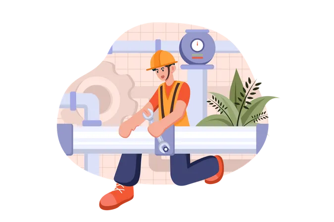 Mechanic holding wrench and plastic pipe  Illustration