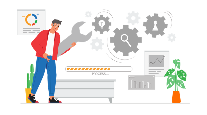 Mechanic holding wrench while showing business process  Illustration