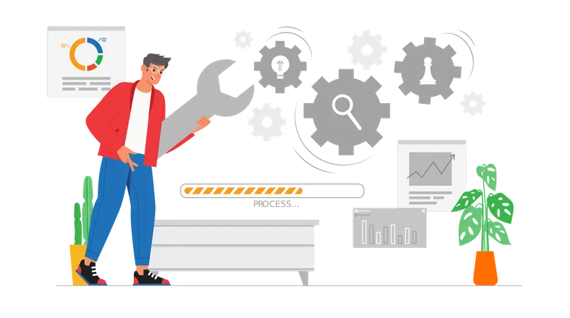 Mechanic holding wrench while showing business process  Illustration