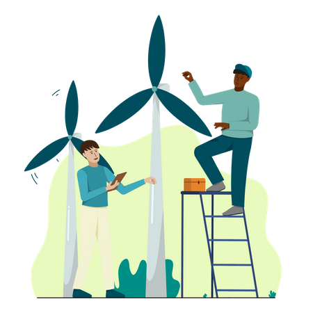 Mechanic installing wind mill Illustration