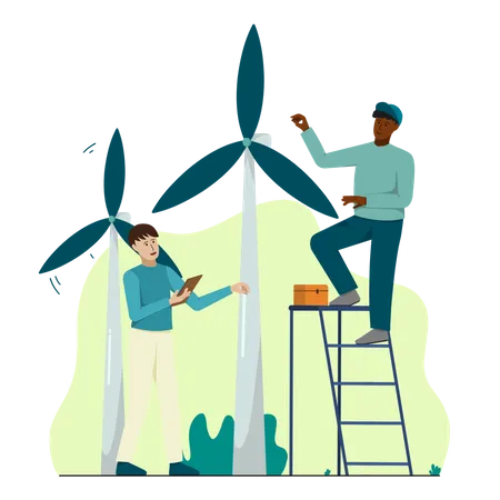 Mechanic installing wind mill Illustration