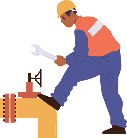 Mechanic male worker repairing pipeline with wrench  Illustration