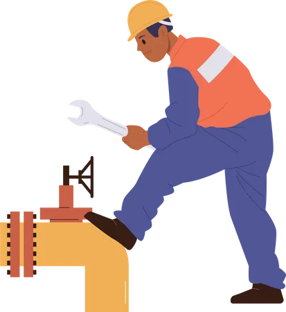 Mechanic male worker repairing pipeline with wrench  Illustration