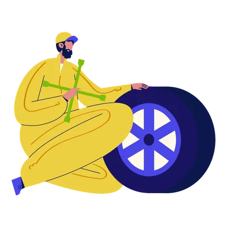Mechanic Mounting Tire  Illustration