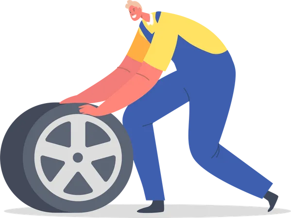 Mechanic mounting tire Illustration