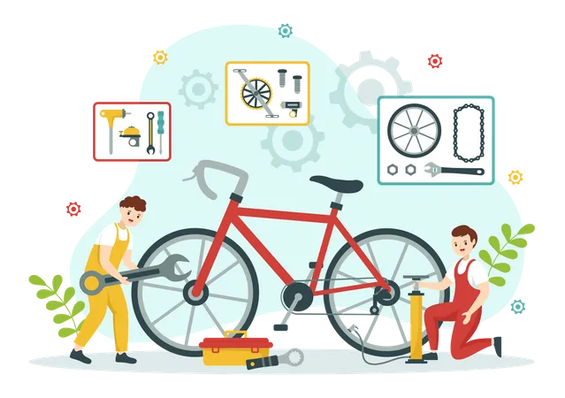Cycling And Bicycle Tool Set Vector Illustration Of A Mechanic Repairing Bicycles In A Workshop With Spare Parts In Flat Cartoon Hand Drawn Template Illustration
