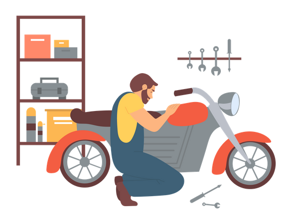 Mechanic repairing bike  Illustration