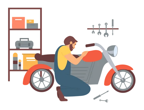 Mechanic repairing bike  Illustration