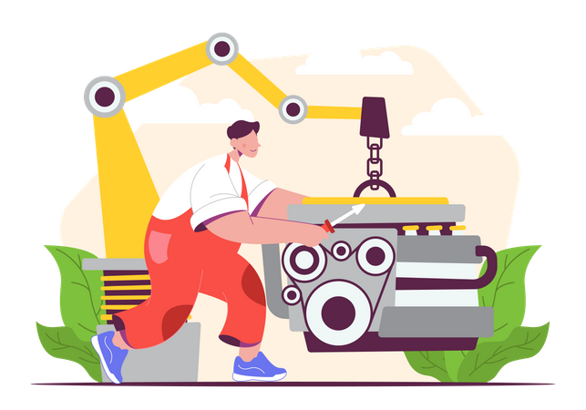 Mechanic repairing car engine Illustration