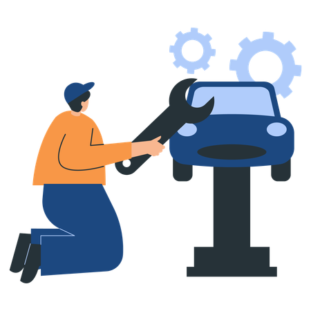 Mechanic repairing car in garage  Illustration