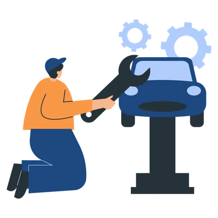 Mechanic repairing car in garage  Illustration