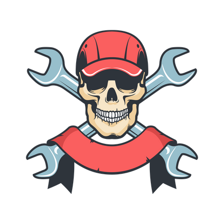 Mechanic Skull in cap with spanner  Illustration