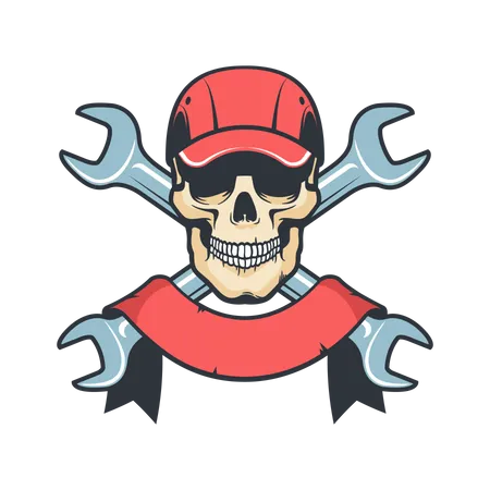 Mechanic Skull in cap with spanner Illustration
