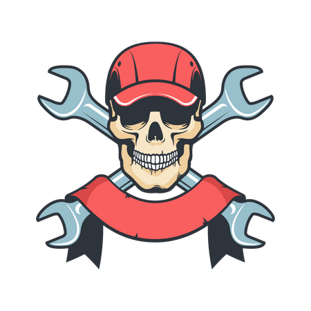 Mechanic Skull in cap with spanner  Illustration