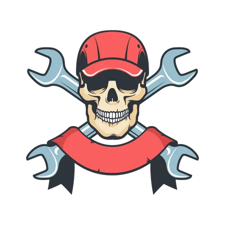 Mechanic Skull in cap with spanner  Illustration