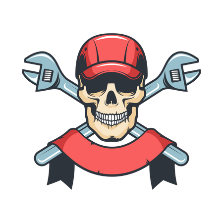 Mechanic Skull in cap with spanner  Illustration