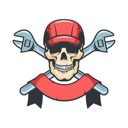 Mechanic Skull in cap with spanner  Illustration