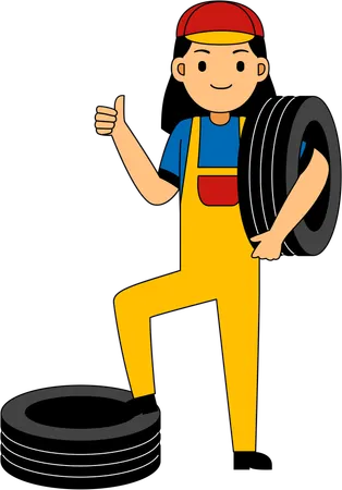 Mechanic standing with tire  Illustration